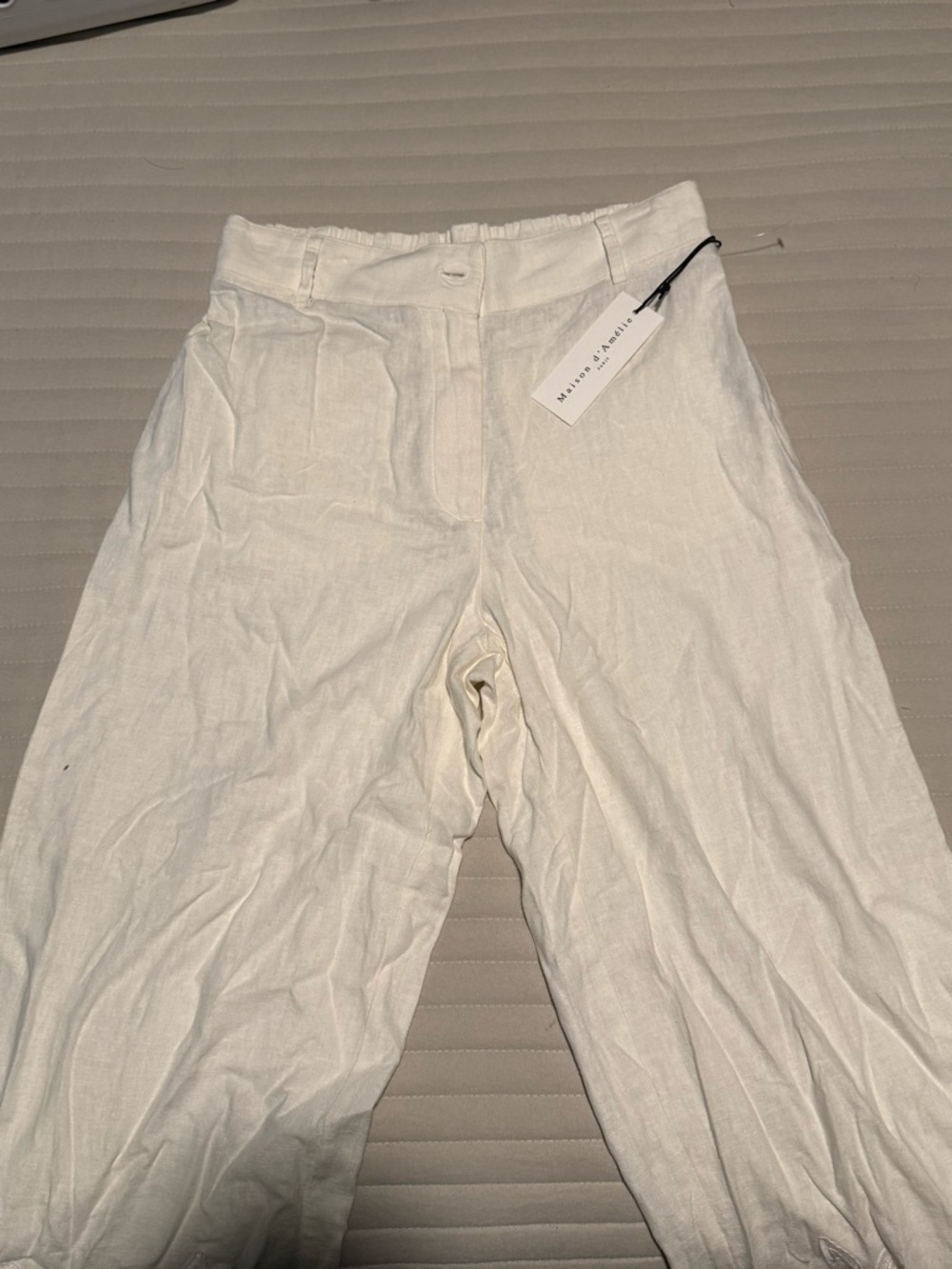 White Linen Blend Casual Pants